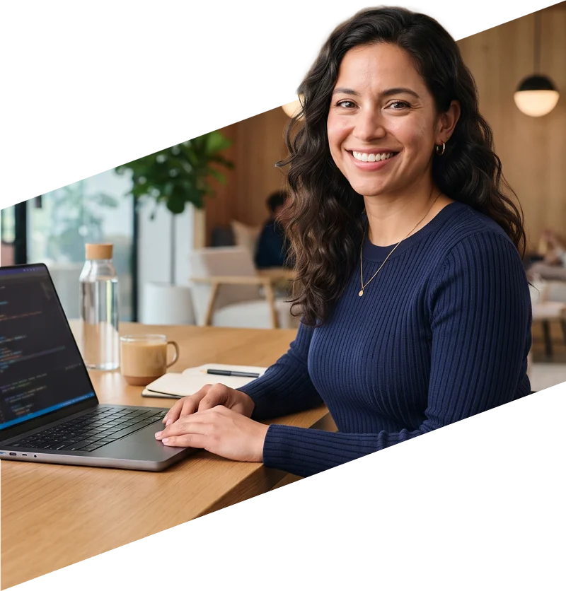 parallelstaff- A woman with long dark hair smiles while working on a laptop at a wooden table. She wears a navy sweater and sits in a modern, cozy workspace with a coffee mug and water bottle nearby.