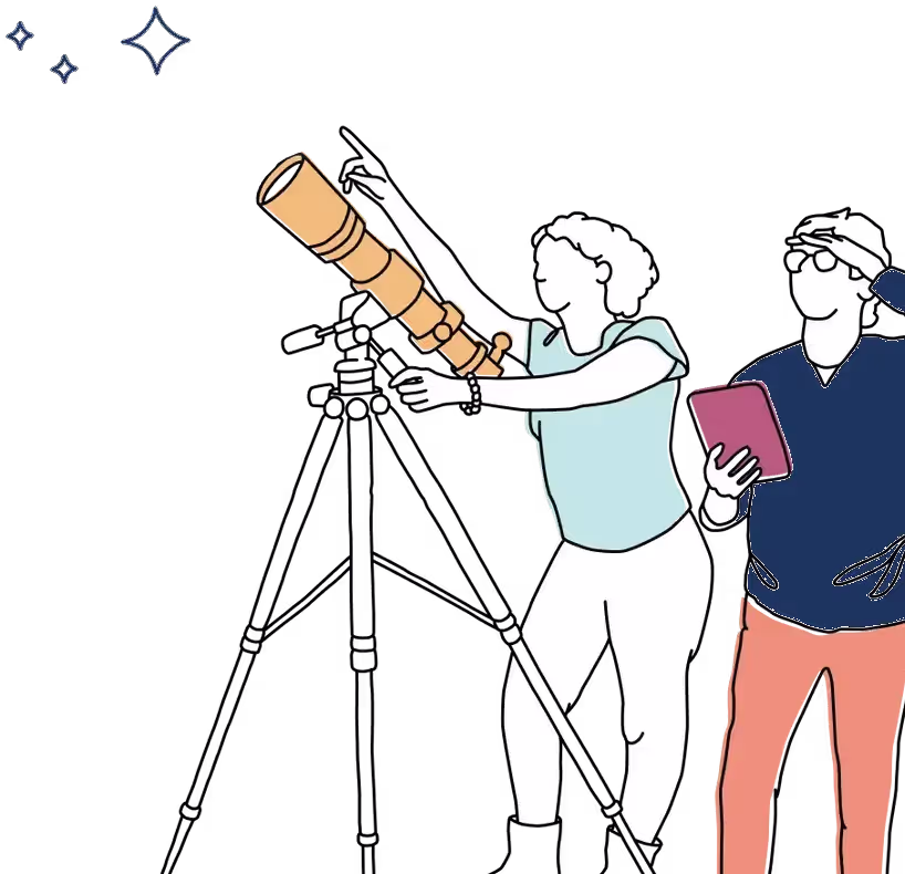 A sketch of two people looking at stars thru a telescope