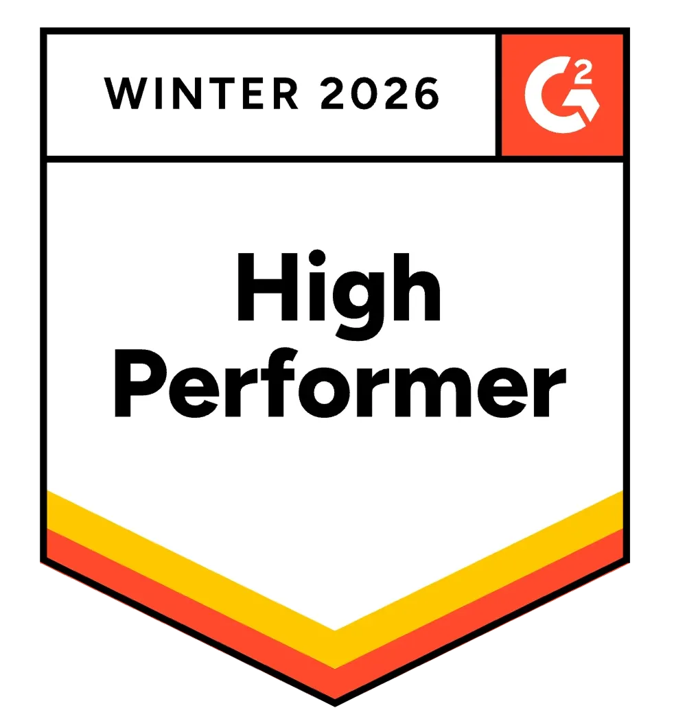Badge reading Winter 2026 High Performer with G2 logo on top right corner.