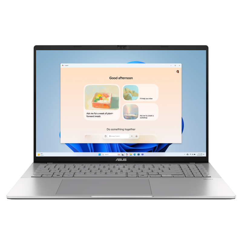 Cool Silver ASUS Vivobook S16 opened at 90-degree from the front view with JS wallpaper.