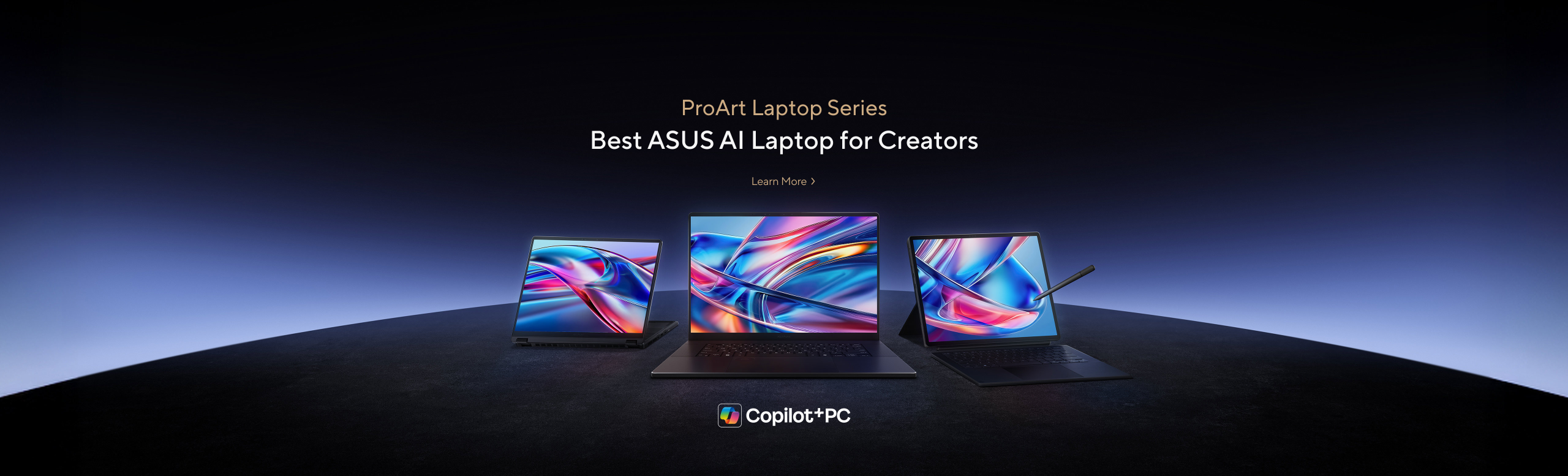Three ASUS ProArt laptops displayed side by side with colorful screens, representing the ProArt Laptop Series for creators.