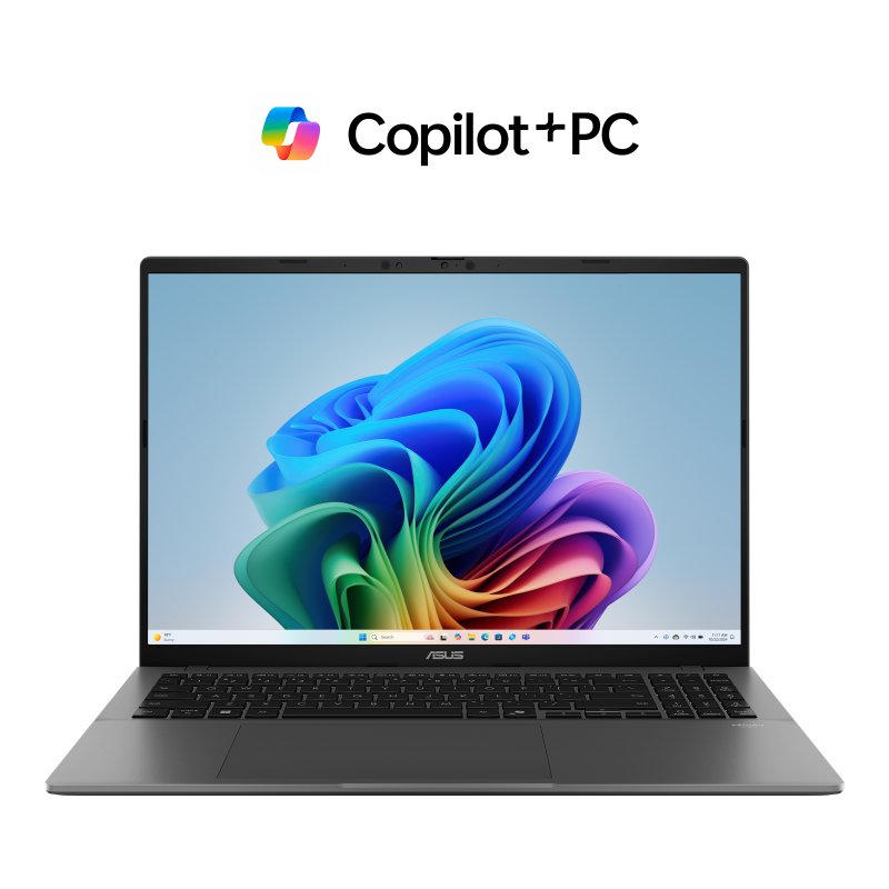 ASUS Vivobook S16 opened at 90-degree from the front view with JS wallpaper.