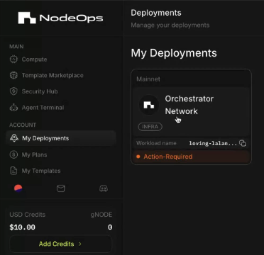 Select the Orchestrator Node deployment from Console NodeFolio or Marketplace Deployments pages