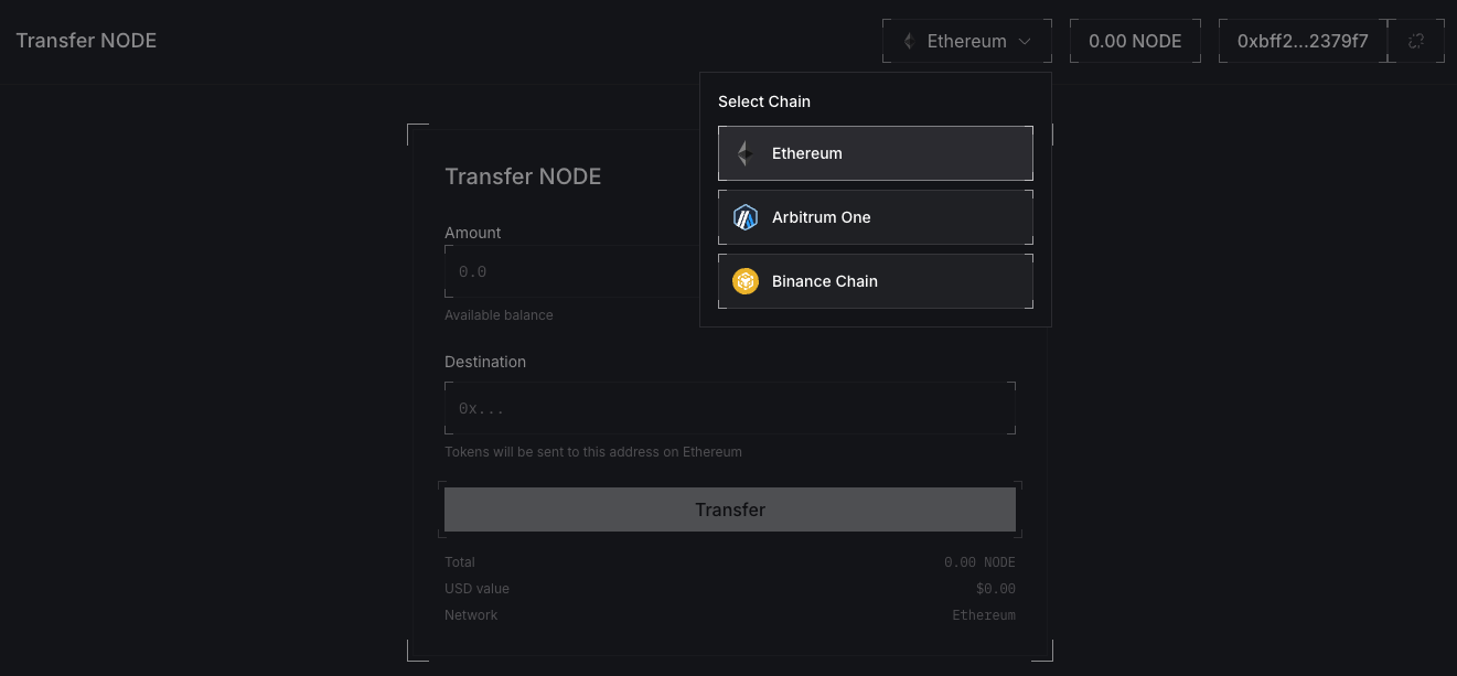 Select the chain that you believe your $NODE tokens are held on. Arbitrum One for airdropped $NODE.