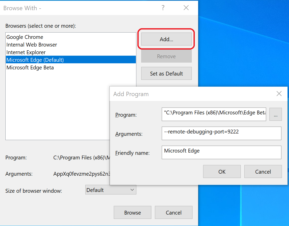 Set your browser to open with debugging enabled