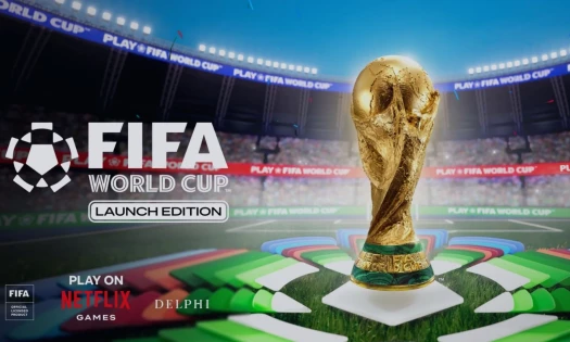 FIFA World Cup trophy in a gamified stadium. "FIFA World Cup: Launch Edition" with partner logos FIFA, Netflix Games, and Delphi Interactive.