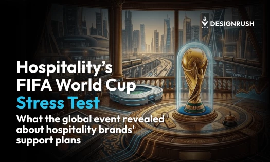 A graphic displaying text that reads, "Hospitality's FIFA World Cup Stress Test: What the global event revealed about hospitality brands' support plans." To the right, a gold FIFA World Cup trophy sits under a glass cloche in a high-rise room overlooking