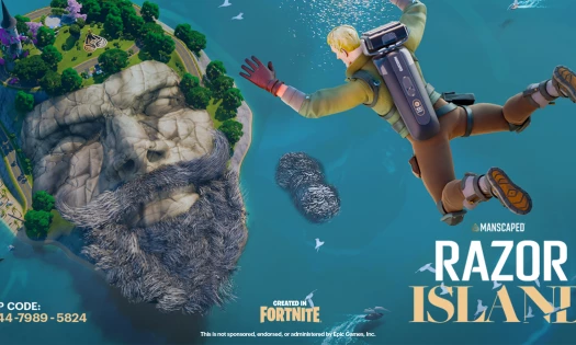 A man is skydiving directly into Fortnite's "Razor Island" map