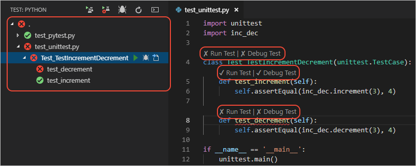 Test results on a unittest class and in Test Explorer