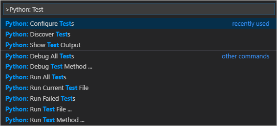 Python testing commands on the Command Palette