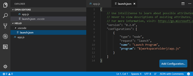 launch.json in Explorer