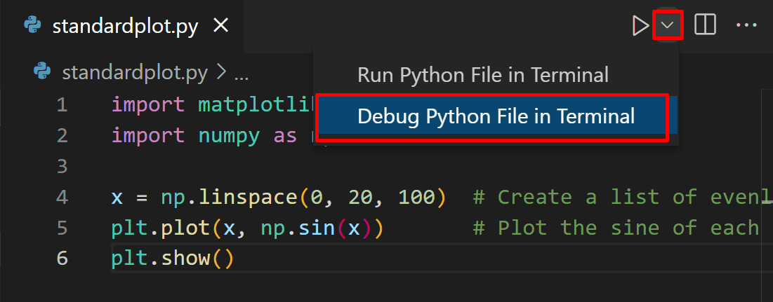 Debug button on the top-right of the editor