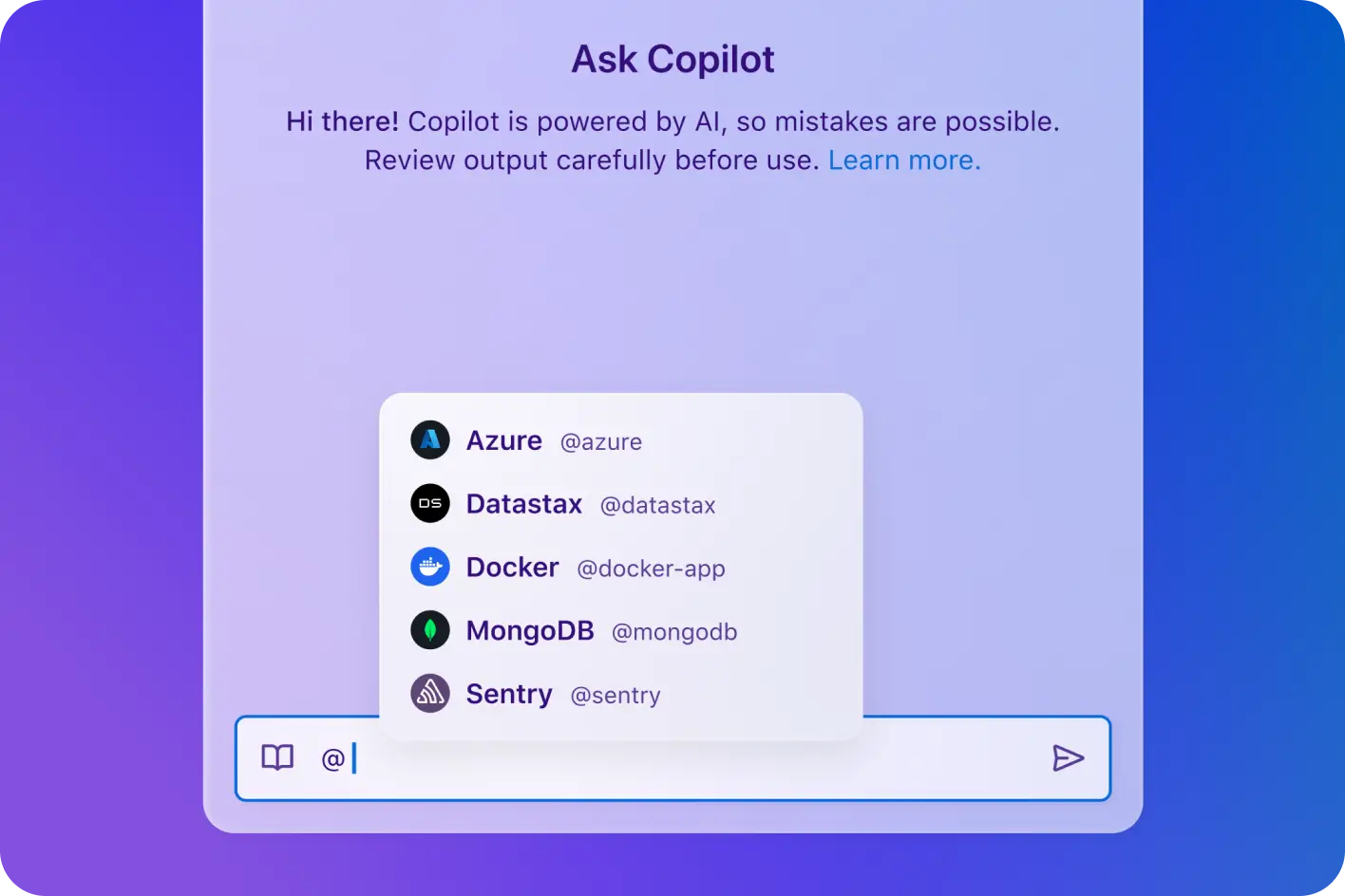 GitHub Copilot Extensions for Azure, Datastax, Docker, MongoDB and Sentry.
