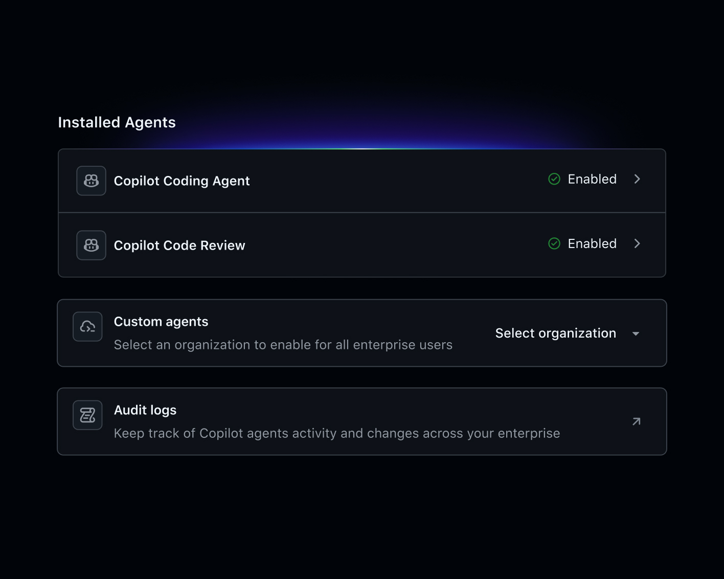 Settings panel showing installed Copilot agents, with Coding Agent enabled, Code Review enabled, and options for custom agents and audit logs.