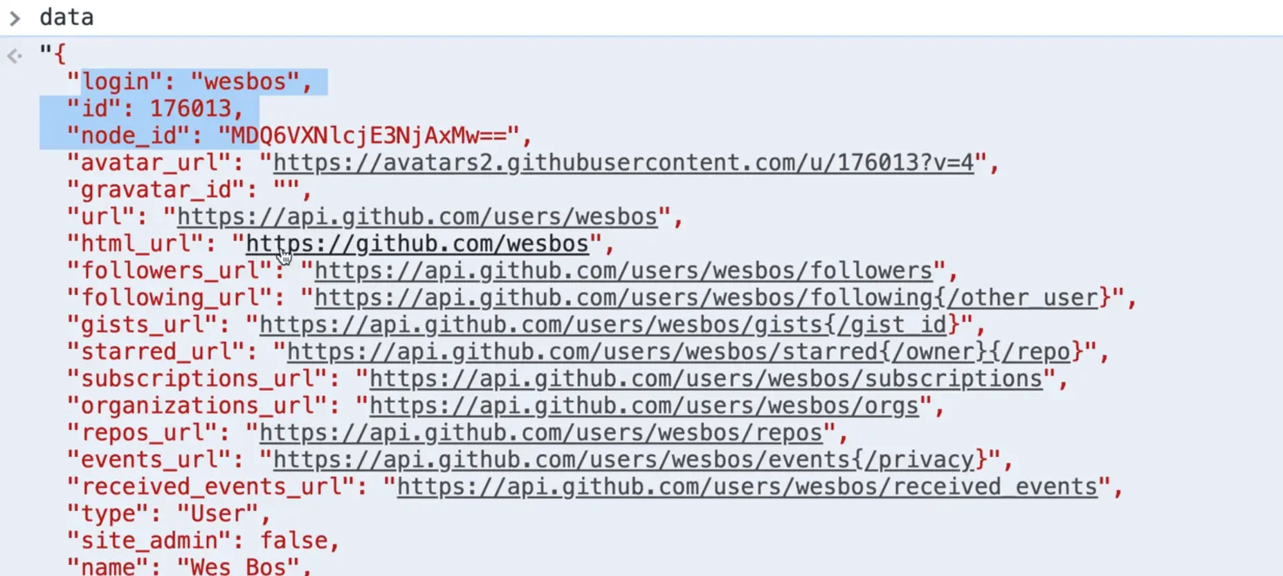 browser console output of 'data'