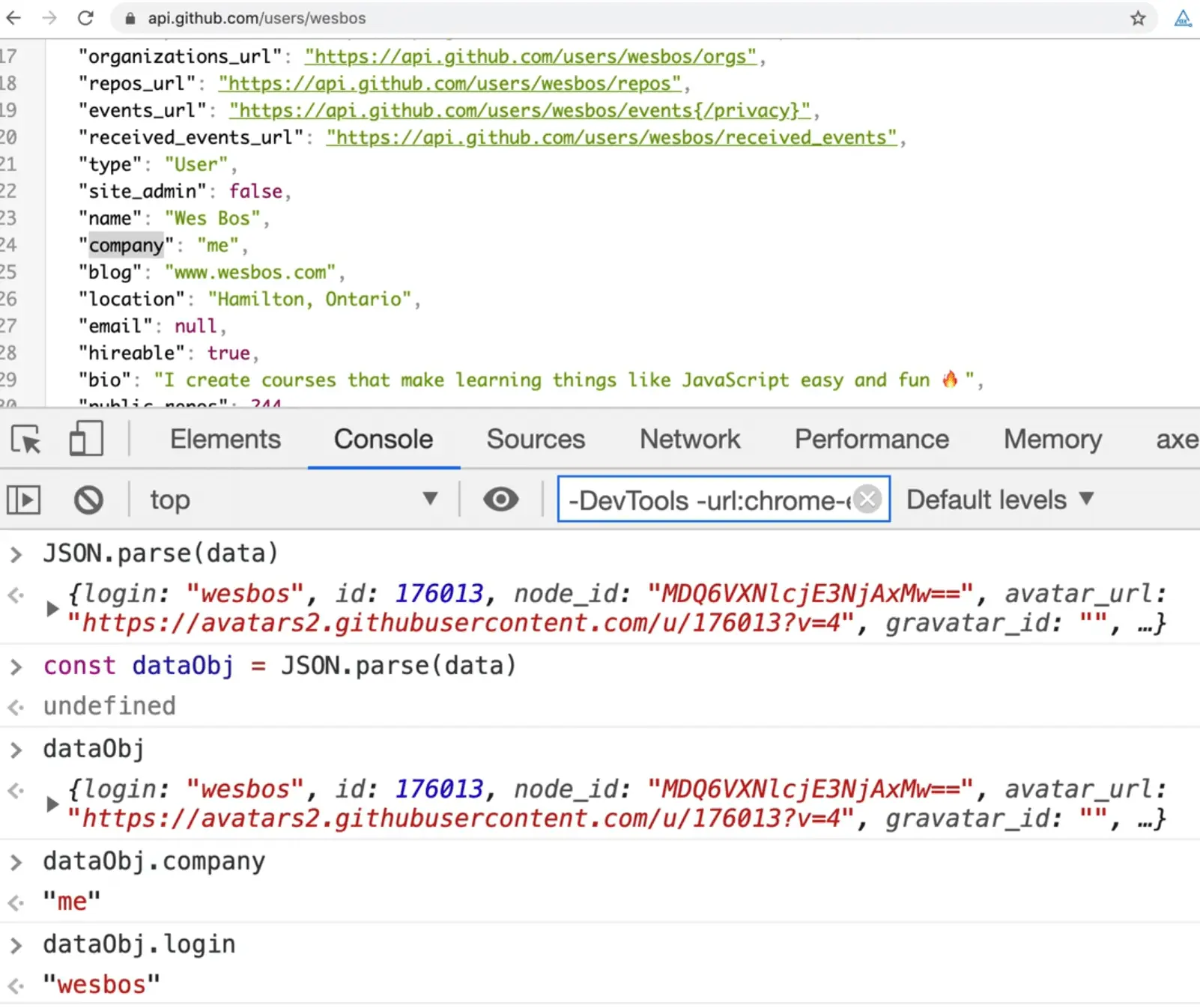 browser output showing accesing JSON object properties