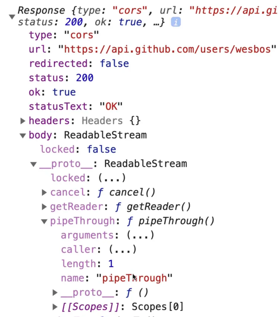 browser console showing reponse output with body expanded