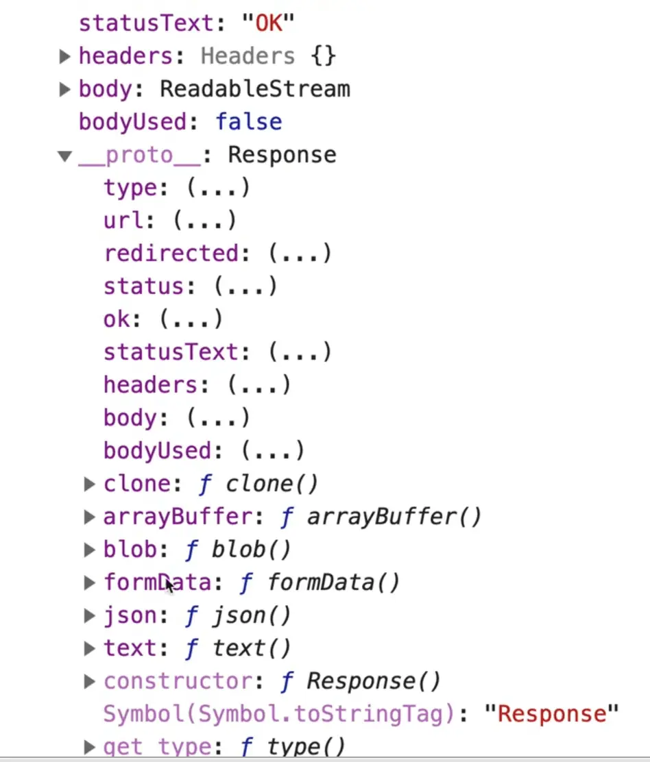 browser console showing the prototype functions of a api response object