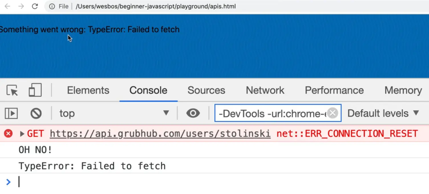 rendered html page showing error from api response