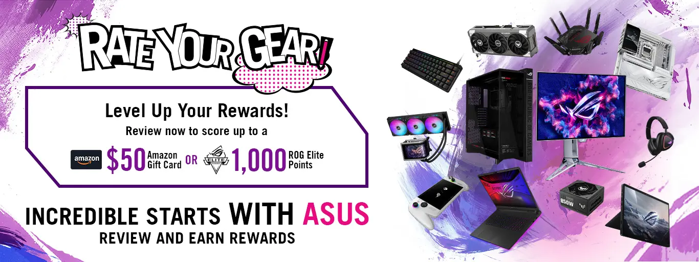 Rate Your Gear banner promoting rewards program with $50 Amazon Gift Card or 1,000 ROG Elite Points for reviews