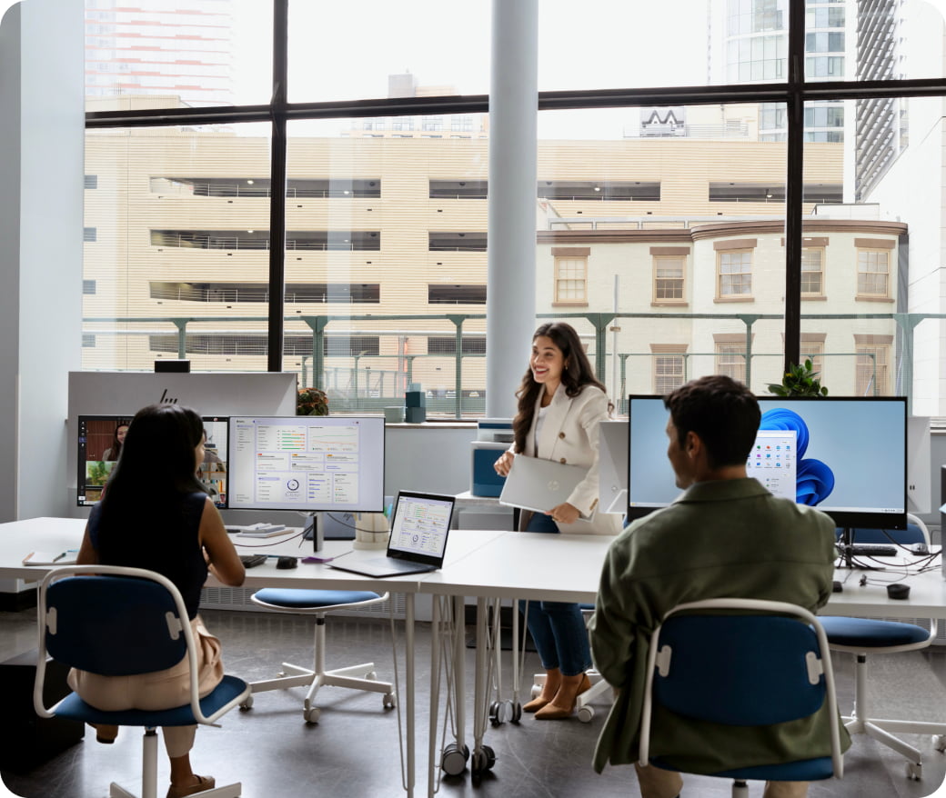 Team working together at desk in office