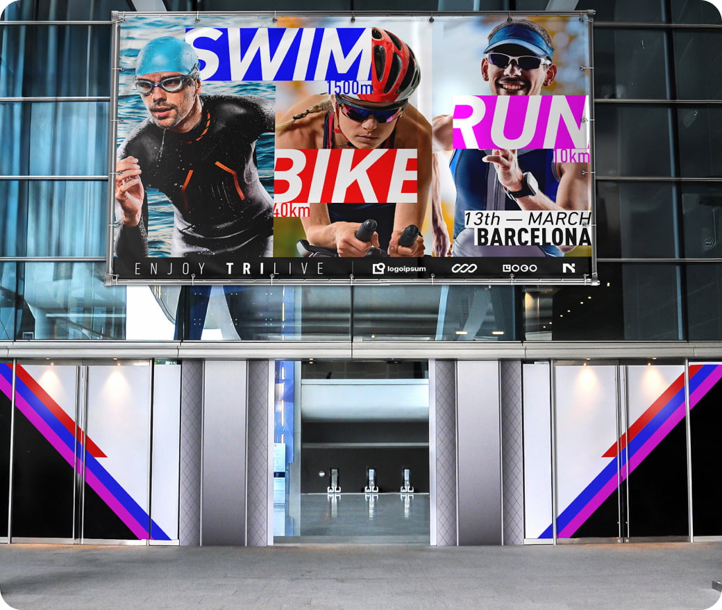 Building entrance with large vibrant signage above the door.