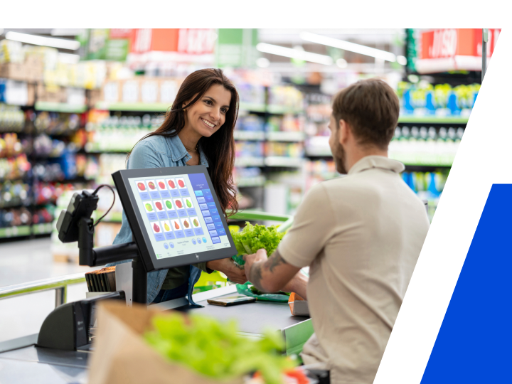 Woman paying for groceries at point of sale solution